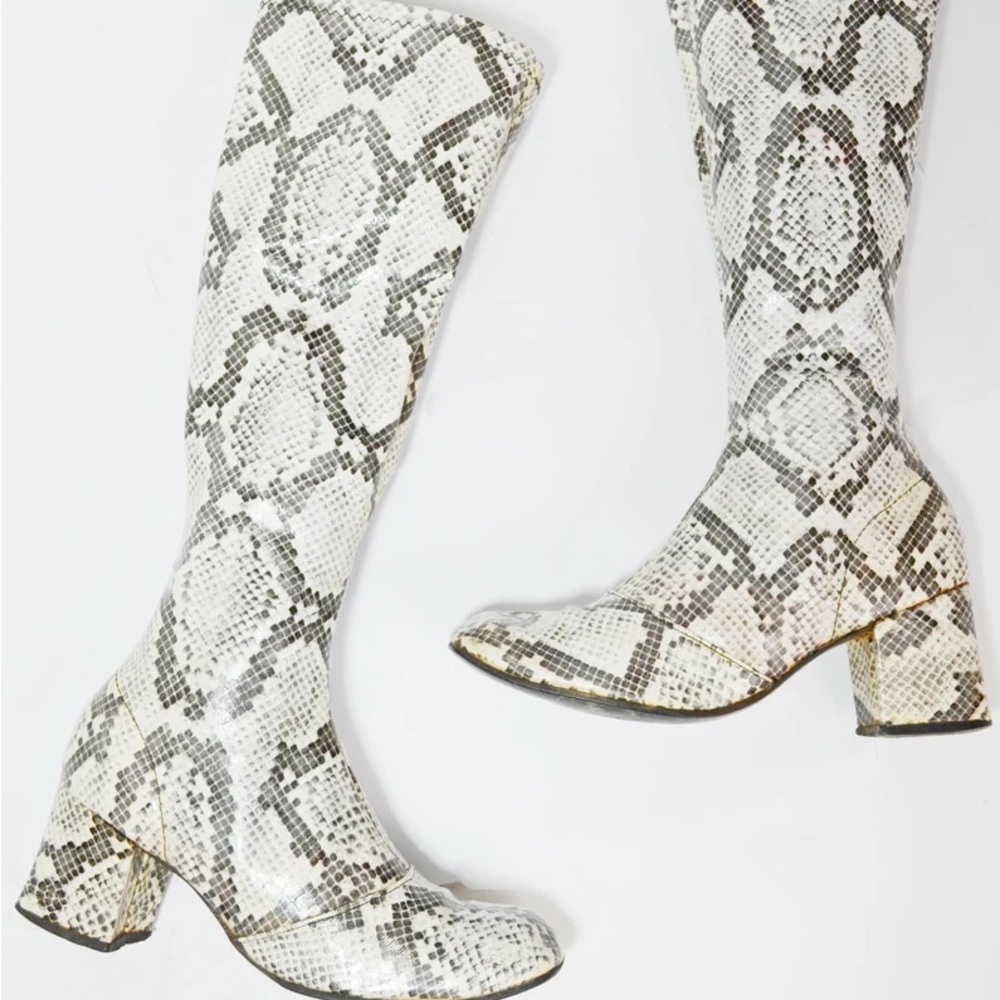 1960s snake skin go go boots vintage knee high vinyl boots